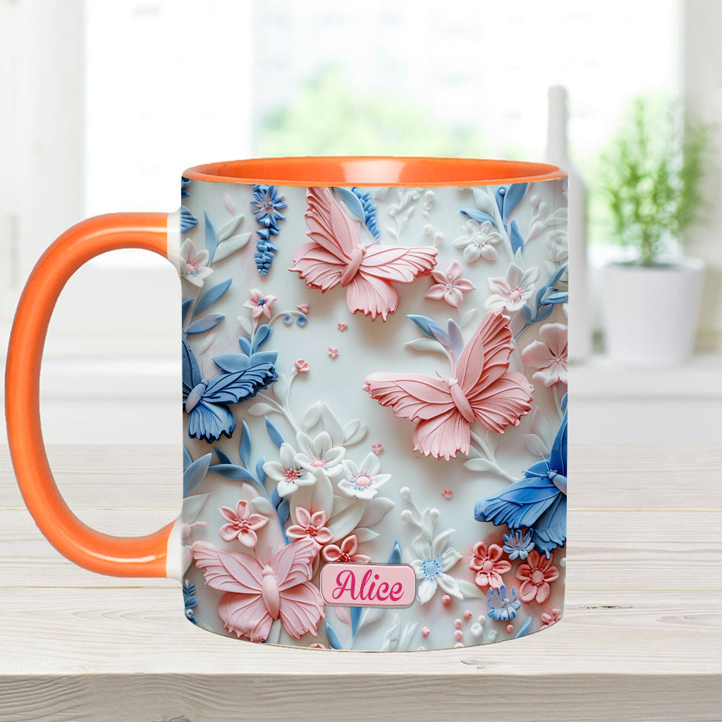 Mug personnalisé à motif papillons roses et bleus