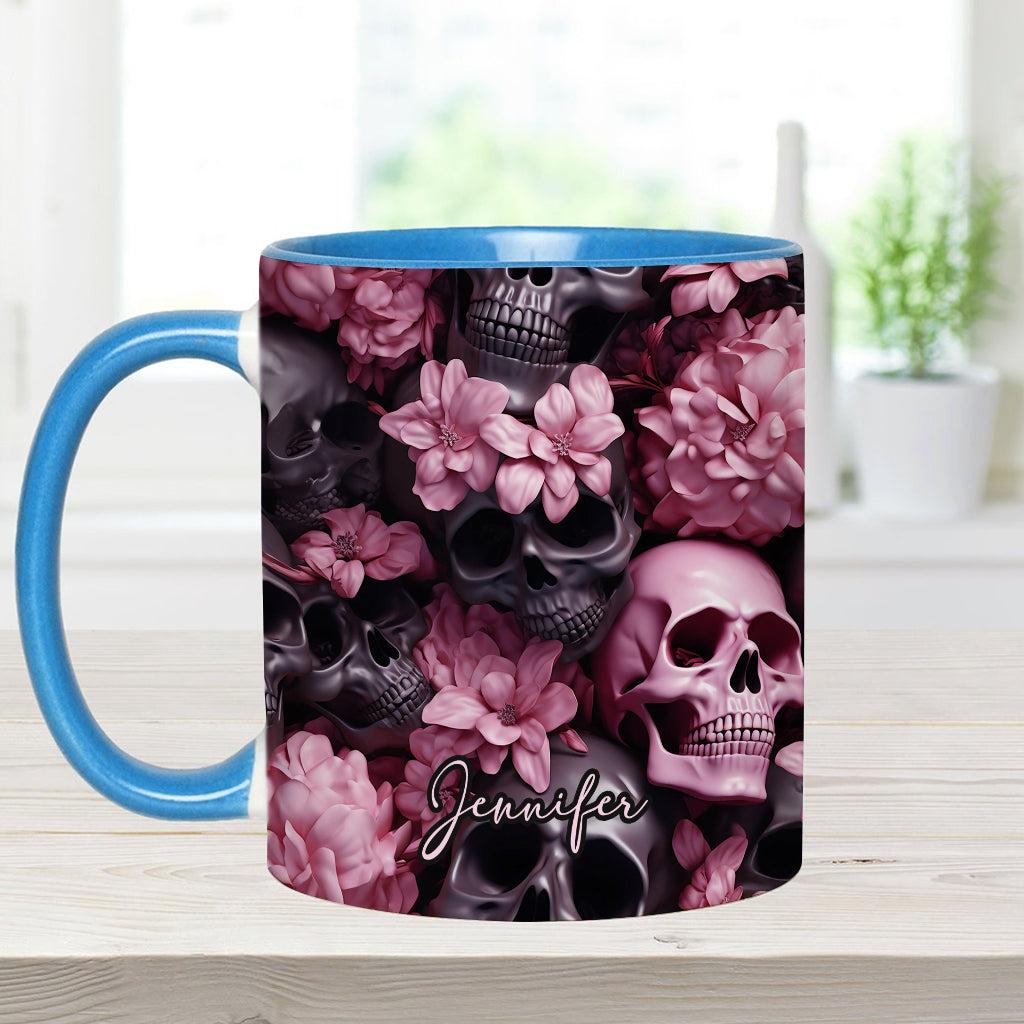 Pink Flowers Black Skulls - Personalized Skull Accent Mug
