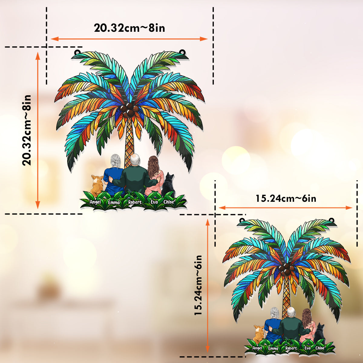 Famille sous le palmier - Décoration attrape-soleil personnalisée à suspendre à la fenêtre 