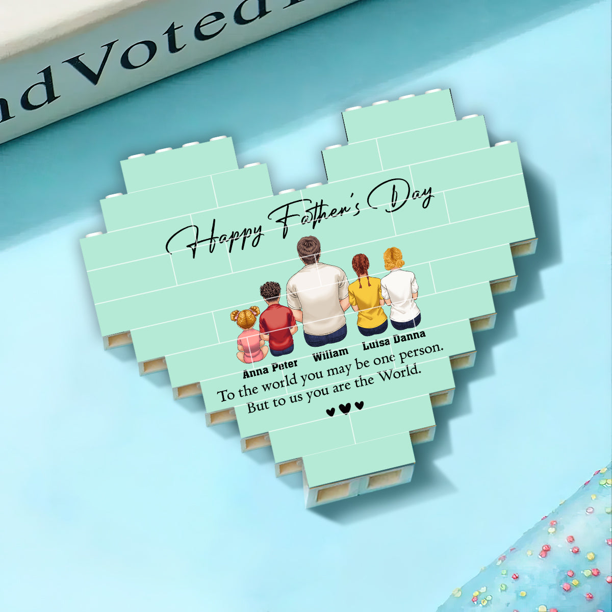 Bonne fête des pères ! Meilleur papa du monde ! Vue de dos - Homme Enfants - Blocs de construction personnalisés en forme de cœur pour papa, imprimés des deux côtés