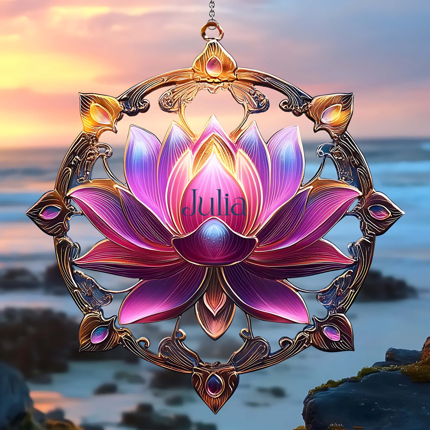 Magnifique lotus - Ornement attrape-soleil personnalisé à suspendre à une fenêtre, inspiré du yoga 