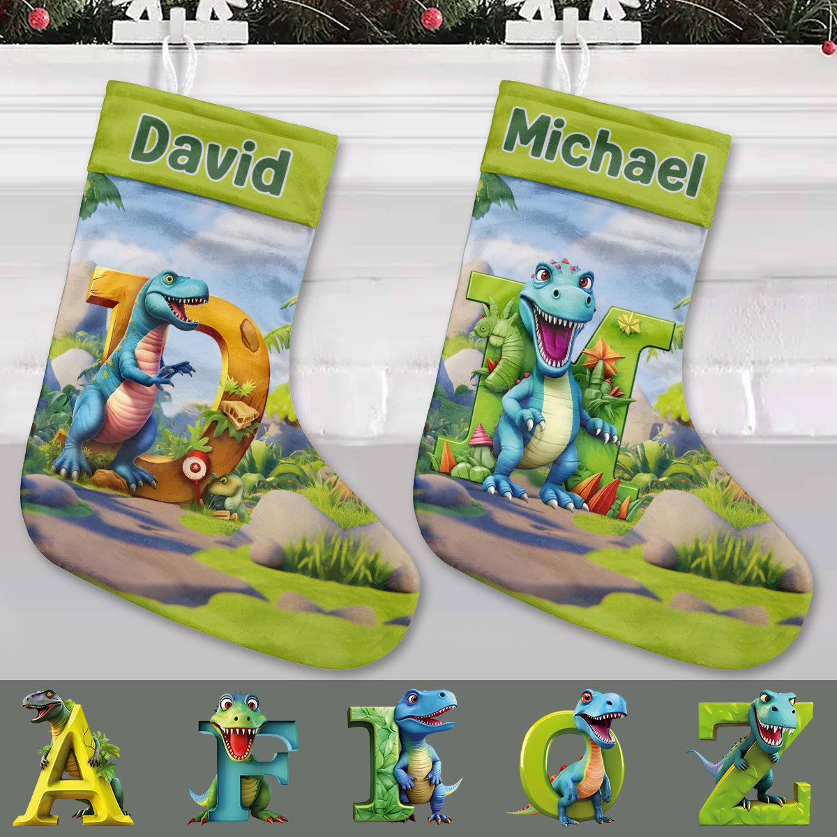 Alphabet des dinosaures - Chaussettes de Noël personnalisées pour enfants
