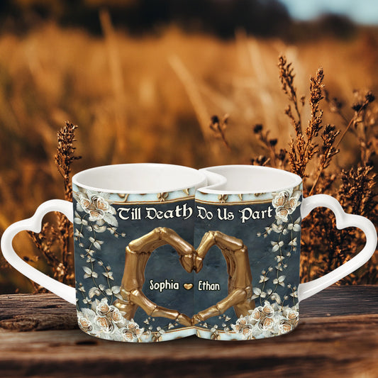 Jusqu'à ce que la mort nous sépare - Mug personnalisé avec anse en forme de cœur et tête de mort assortie