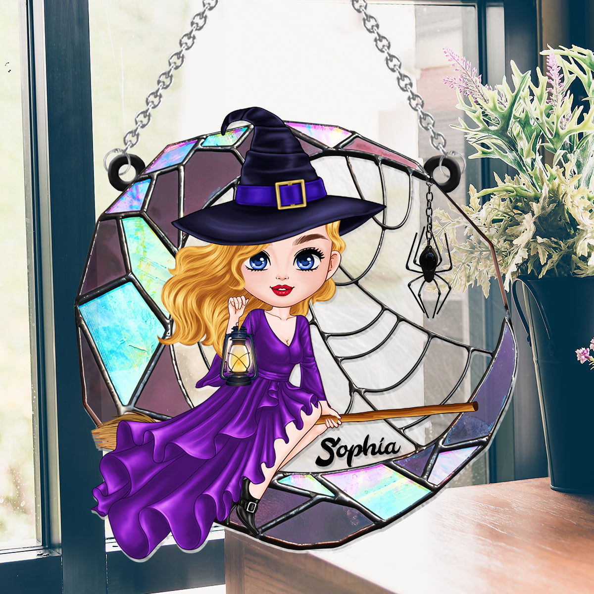 Sorcière maléfique sur la lune - Ornement attrape-soleil personnalisé à suspendre à la fenêtre 