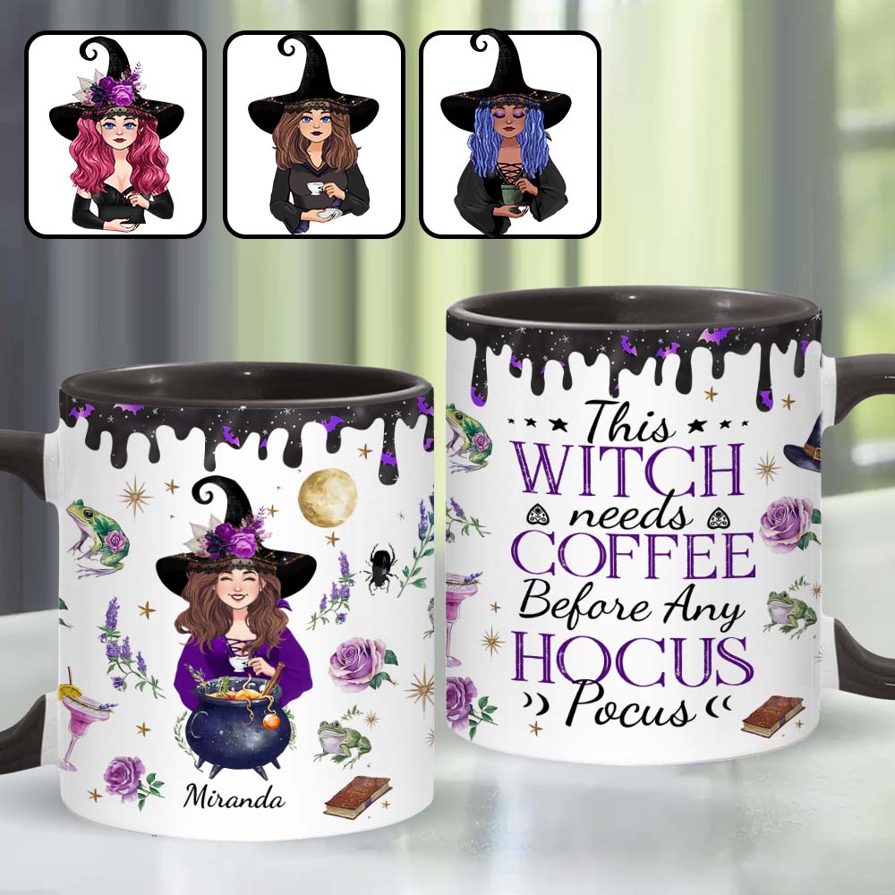 This Witch Need Coffee Before Any Hocus Pocus - Personalized Witch Accent Mug