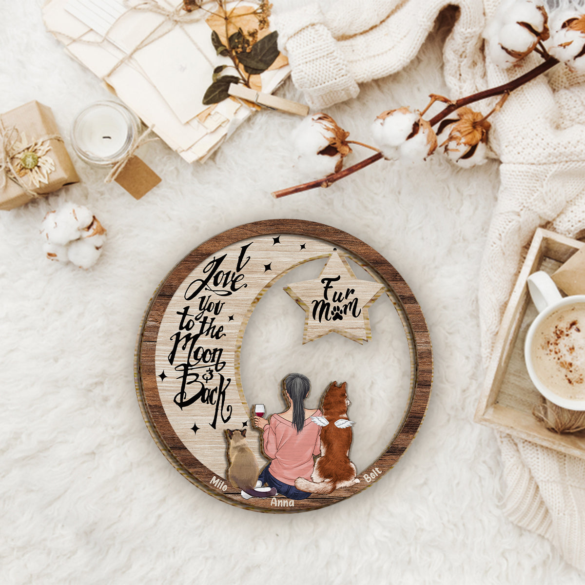 Tu me manques, je sais que je t'aime jusqu'à la lune et retour - Plaque en bois personnalisée pour chien (2 couches)