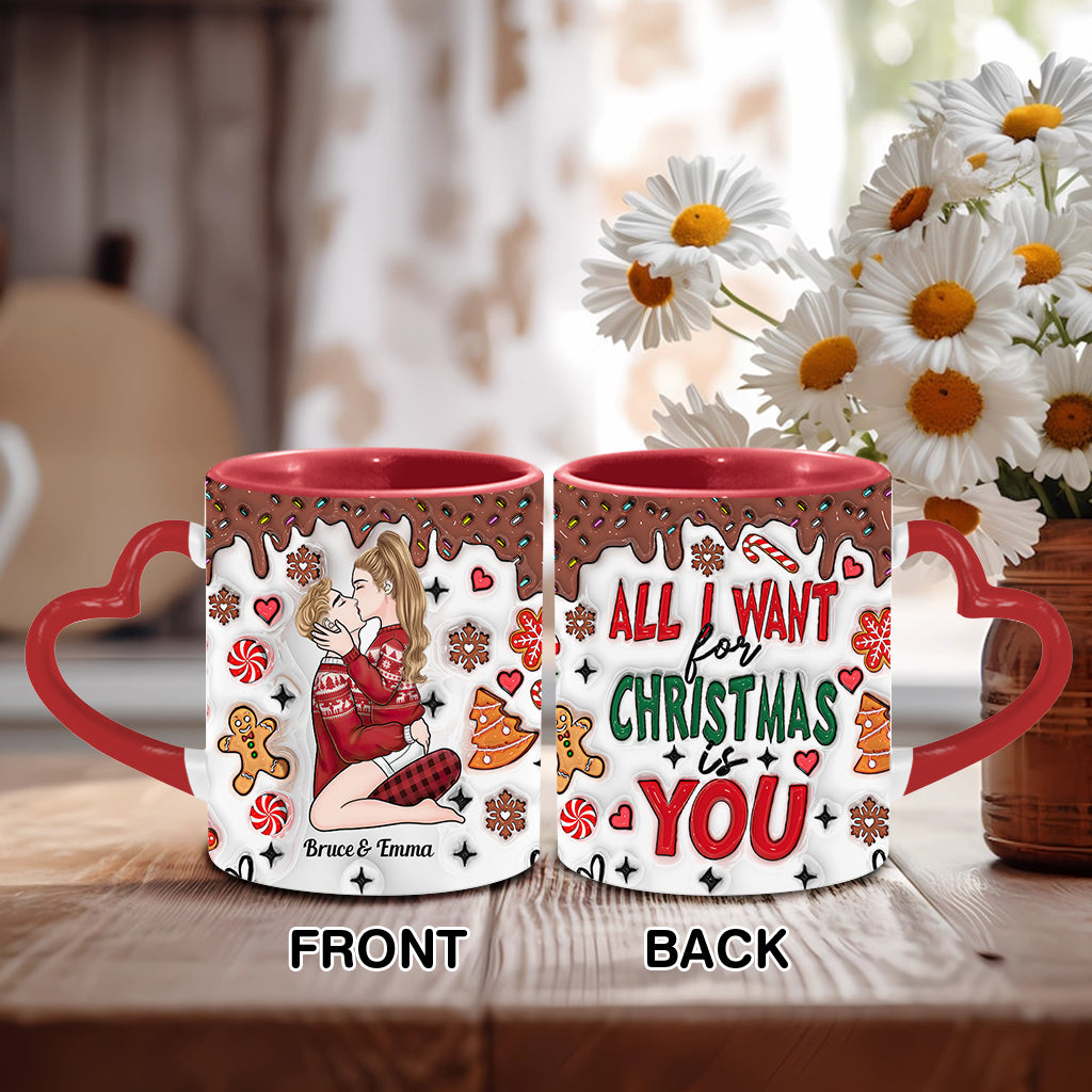 Tout ce que je veux pour Noël, c'est toi - Mug personnalisé pour couple avec anse en forme de cœur