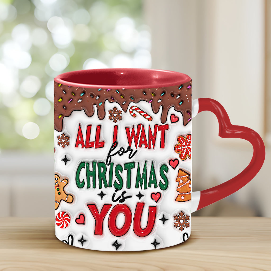 Tout ce que je veux pour Noël, c'est toi - Mug personnalisé pour couple avec anse en forme de cœur