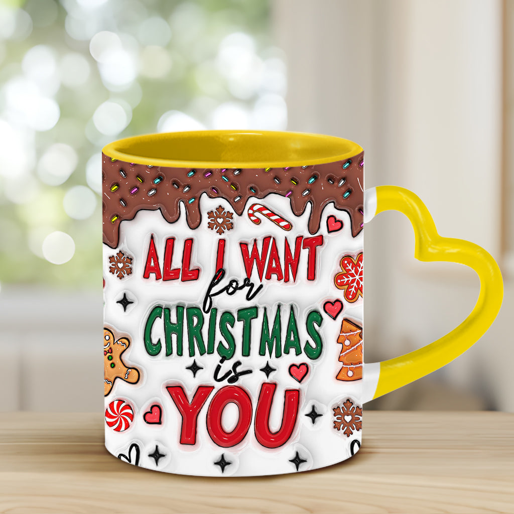 Tout ce que je veux pour Noël, c'est toi - Mug personnalisé pour couple avec anse en forme de cœur