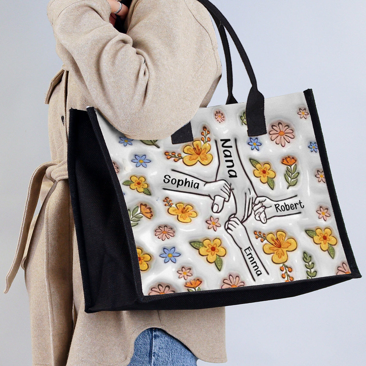 Sac fourre-tout en toile personnalisé « Grand-mère main dans la main »