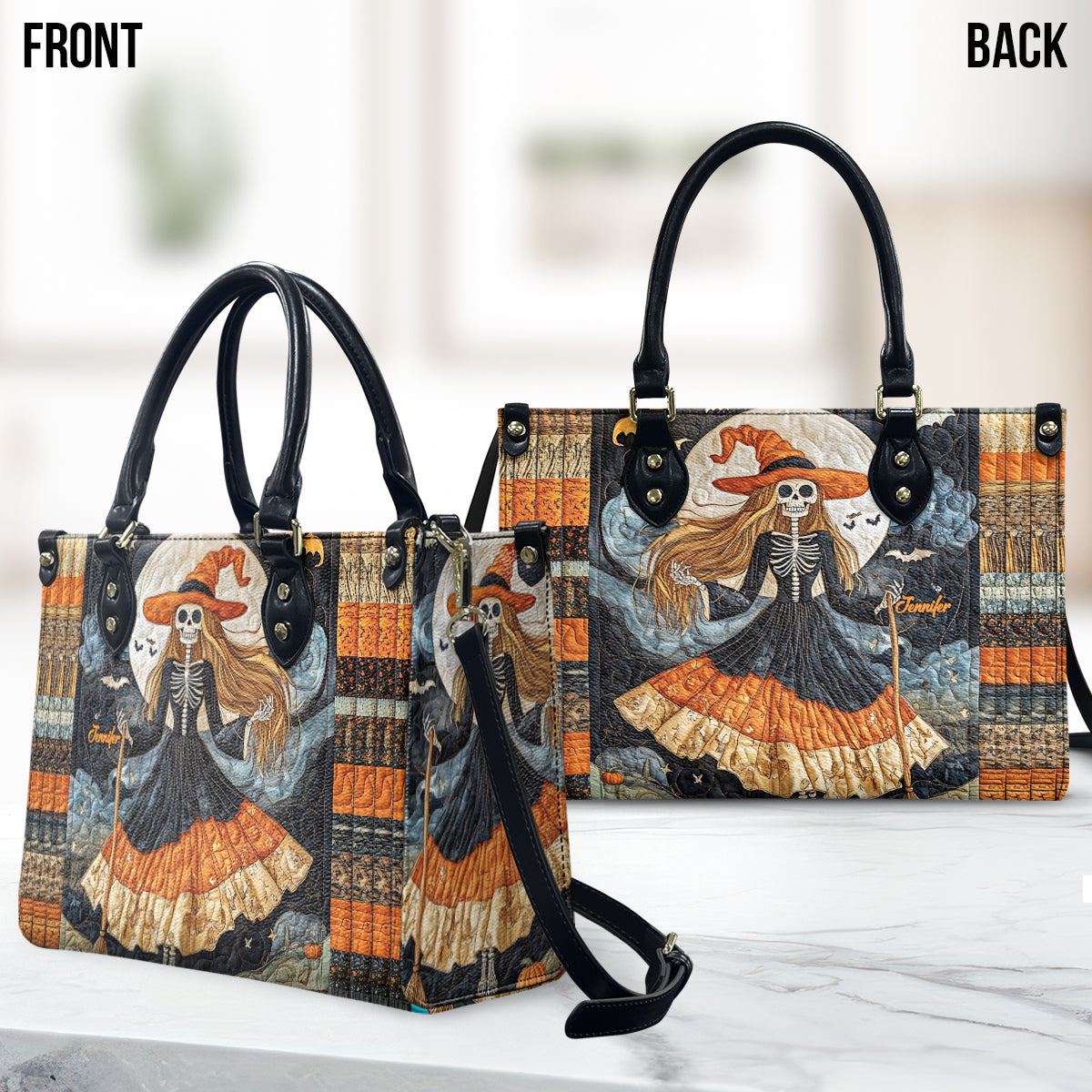 Magnifique sac à main en cuir personnalisé avec crâne de sorcière