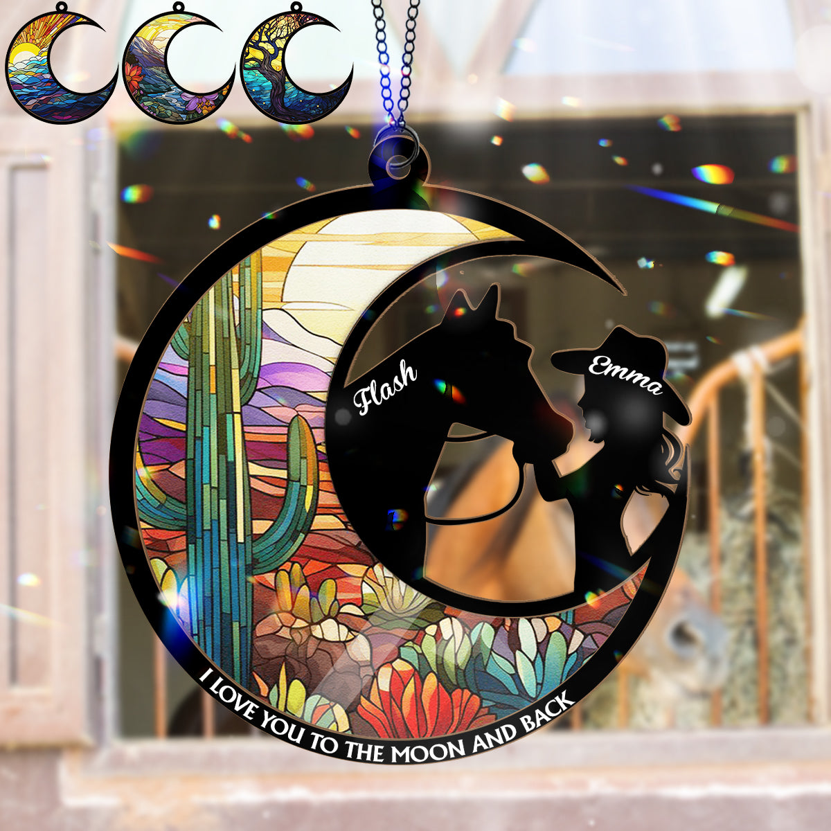 Vitrail « Je t’aime jusqu’à la lune » avec une fille à cheval - Attrape-soleil personnalisé à deux niveaux pour fenêtre