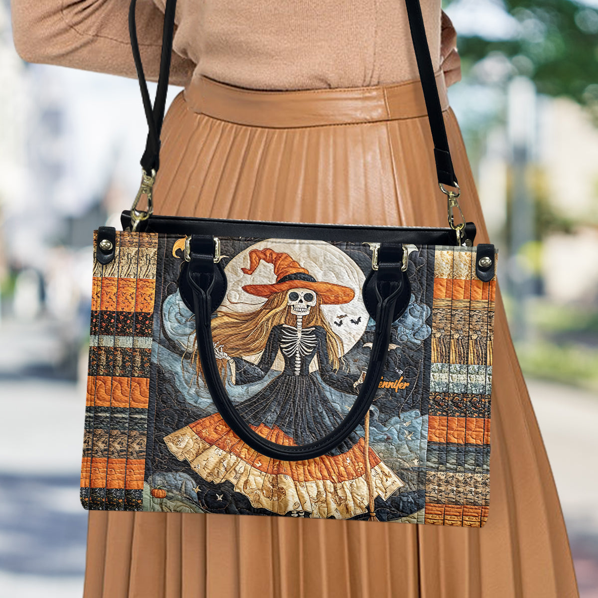 Magnifique sac à main en cuir personnalisé avec crâne de sorcière