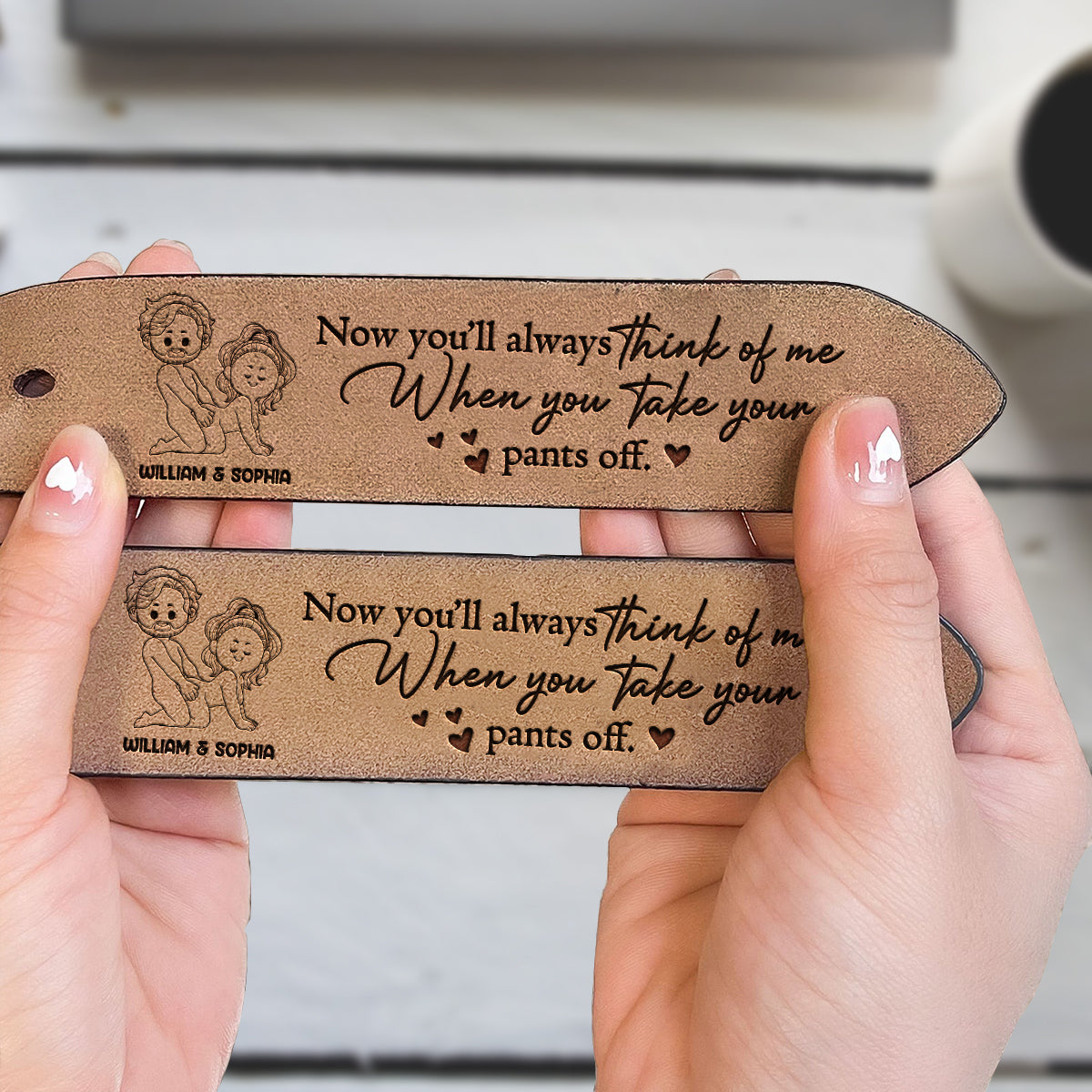 Maintenant tu penses à moi - Ceinture en cuir personnalisée pour couple