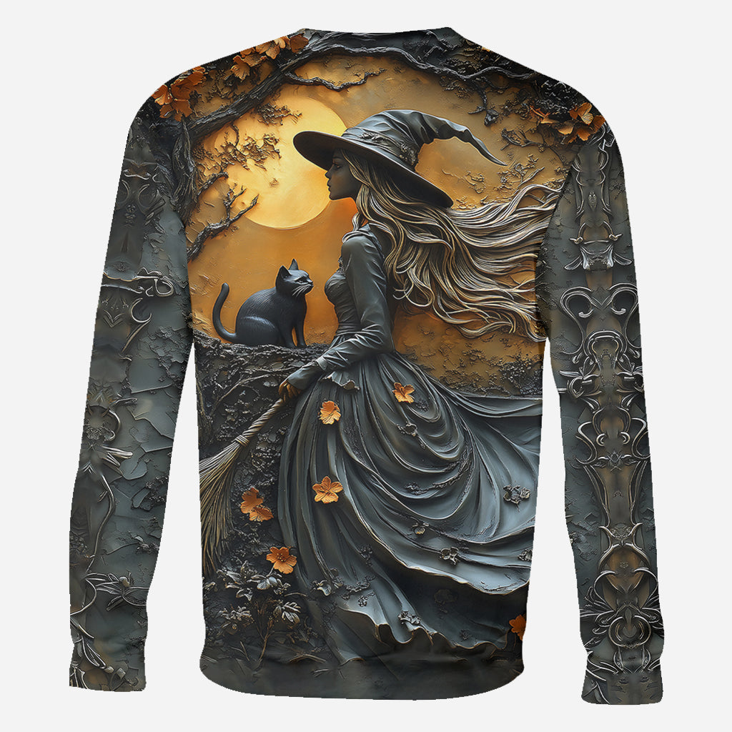 Belle sorcière et son chat noir - T-shirt personnalisé sorcière intégrale