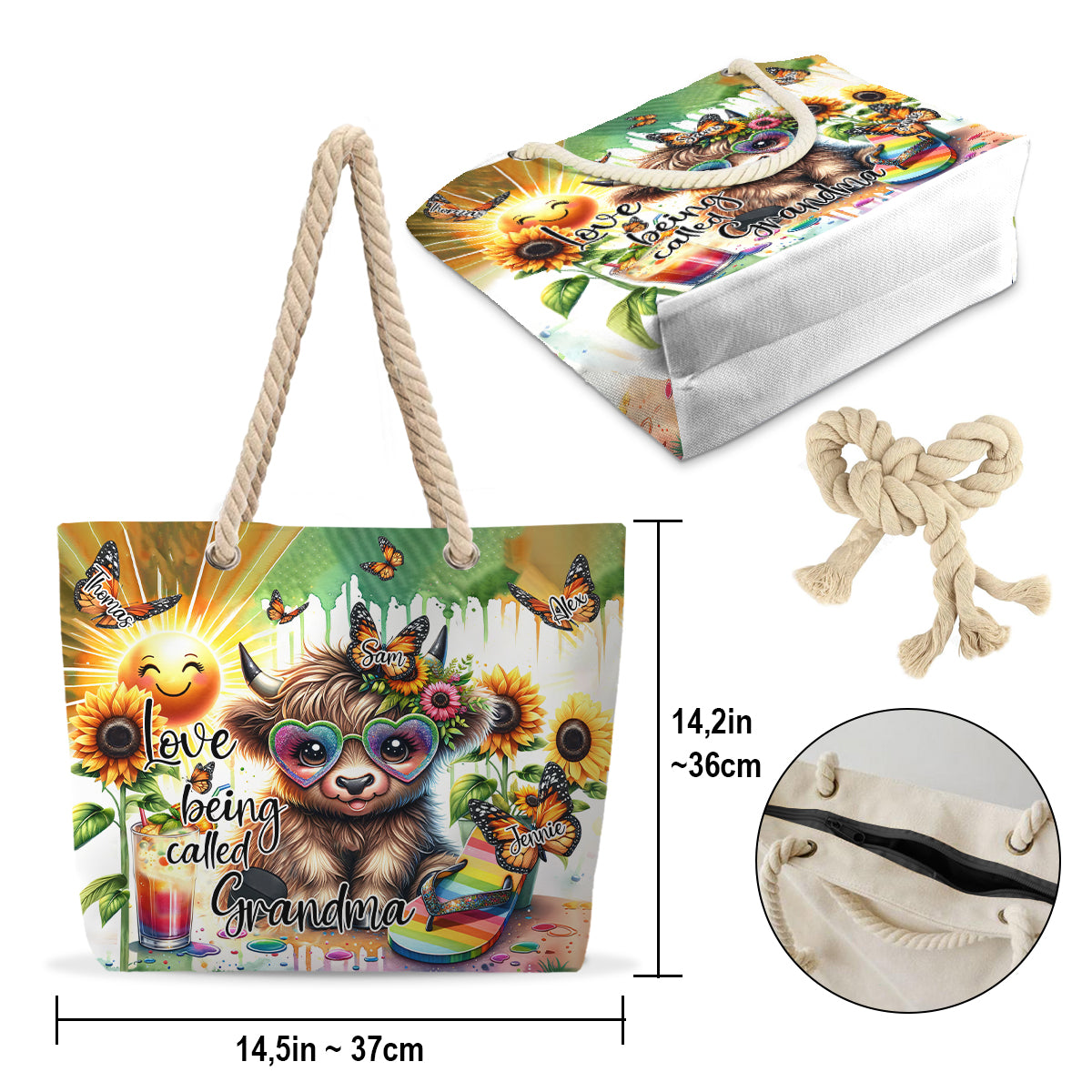 J'adore qu'on m'appelle Mamie ! Ambiance estivale avec une vache des Highlands - Sac de plage personnalisé