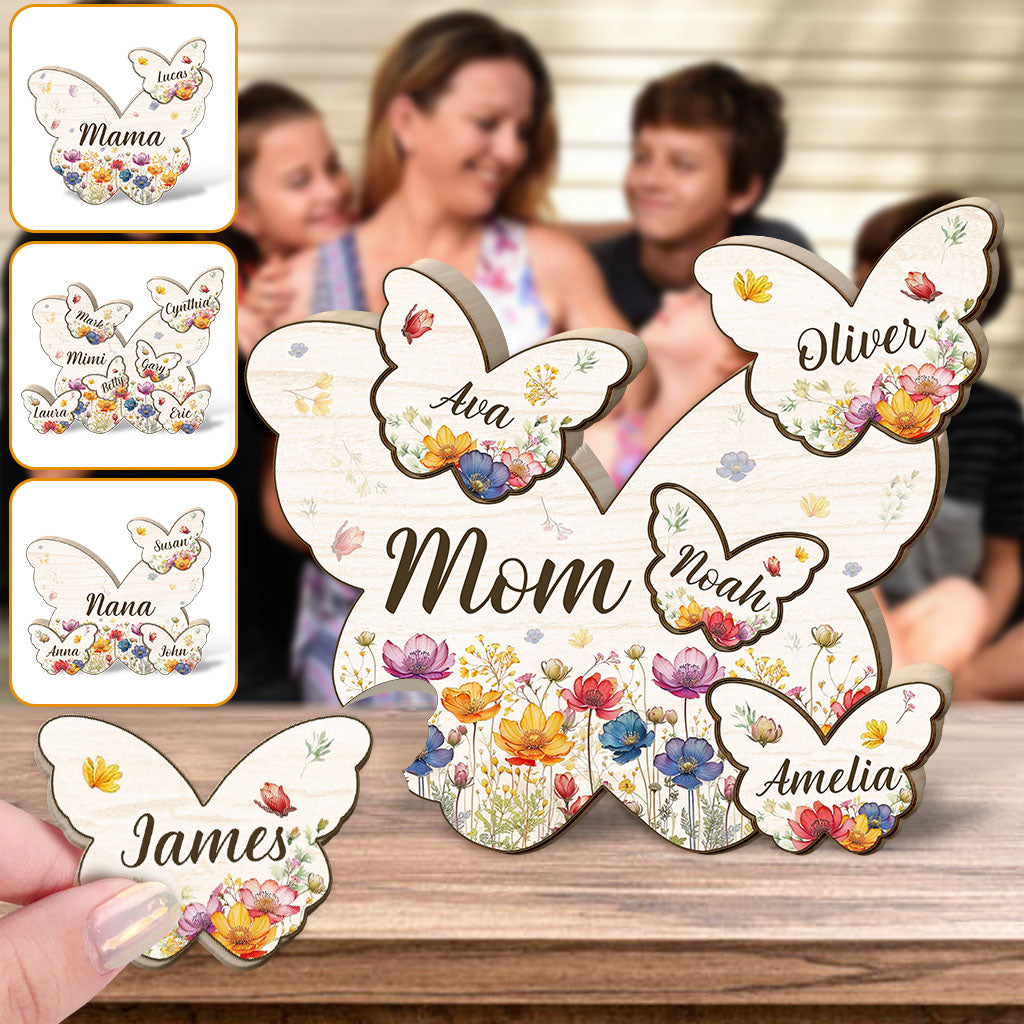 Puzzle en bois personnalisé « Maman Papillon Fleurs Sauvages » - Puzzle en bois en forme de maman
