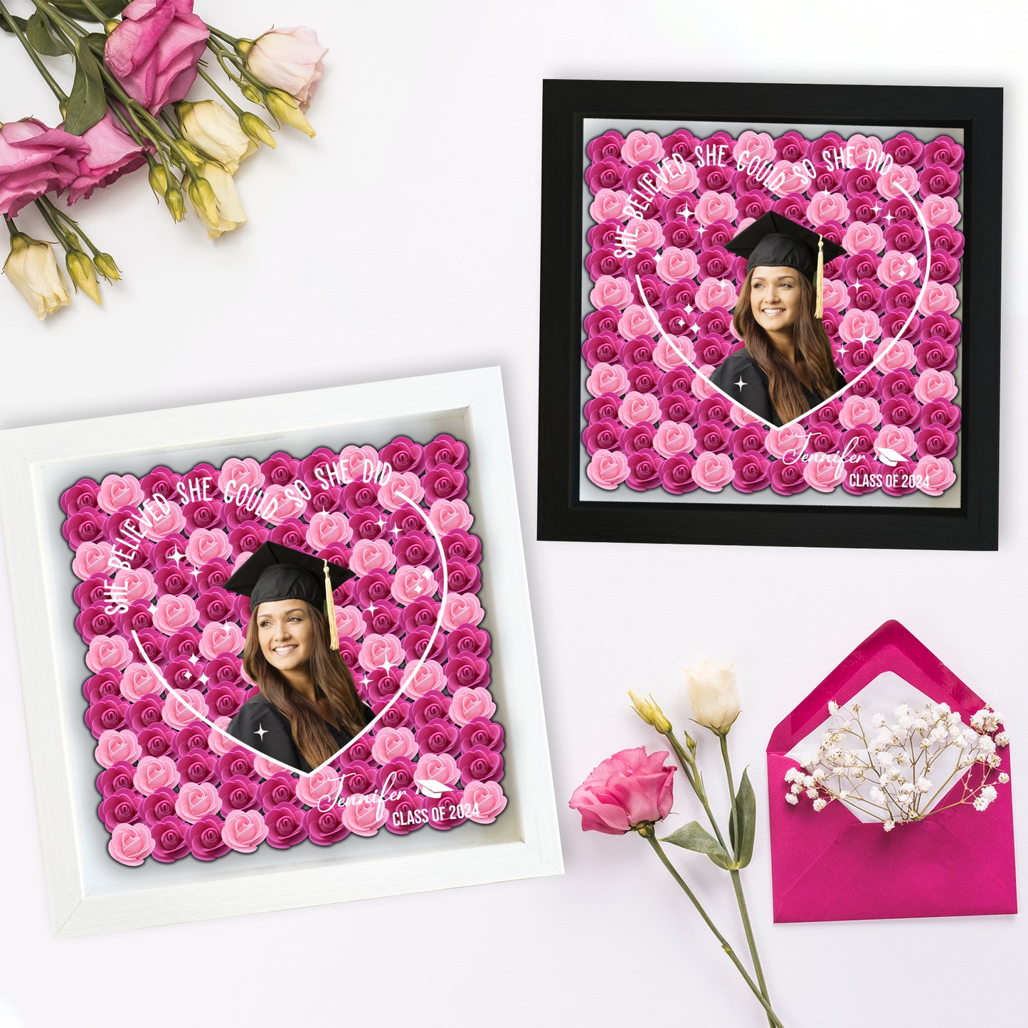 They Believed They Could So They Did - Personalized Graduation Custom Shaped Flower Shadow Box