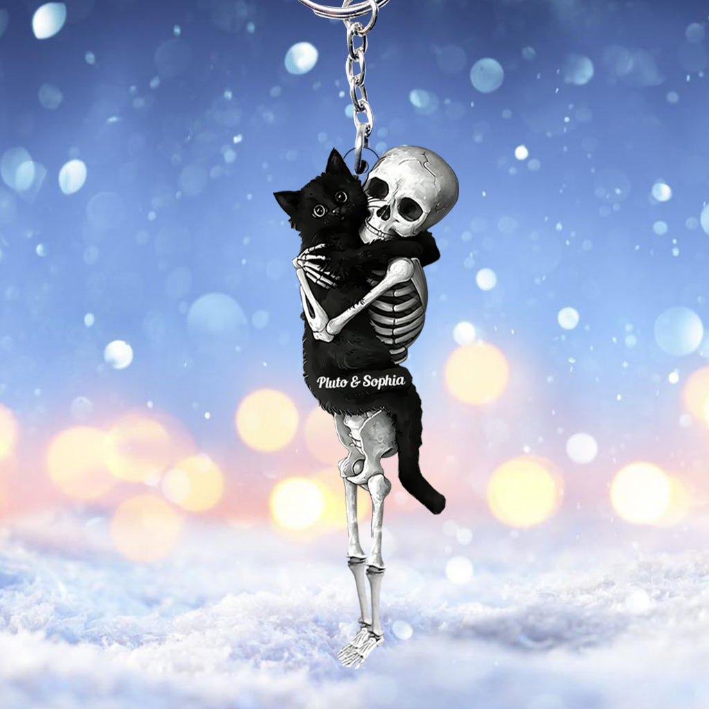 Funny Skeleton & Cat - Personalized Black Cat Custom Shaped Keychain