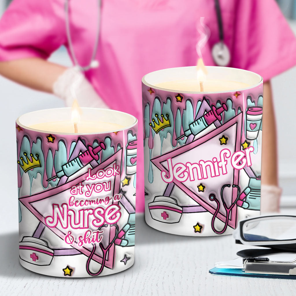 Regarde-toi devenir infirmière et tout ça - Bougie personnalisée pour infirmière avec couvercle en bois