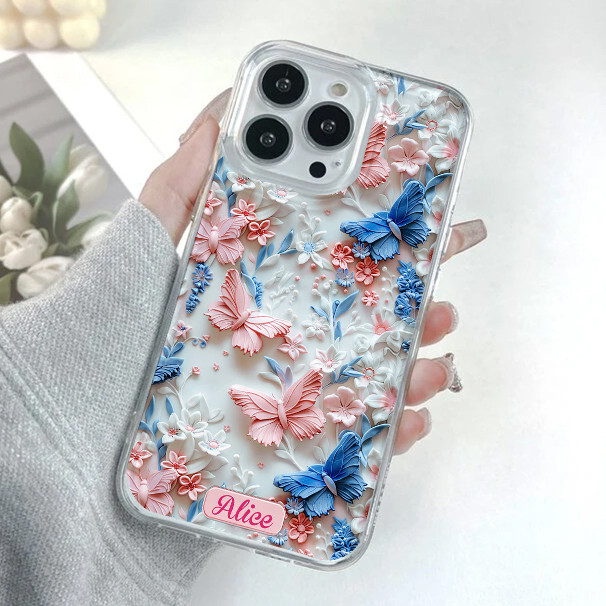 Coque de téléphone transparente personnalisée avec papillons roses et bleus