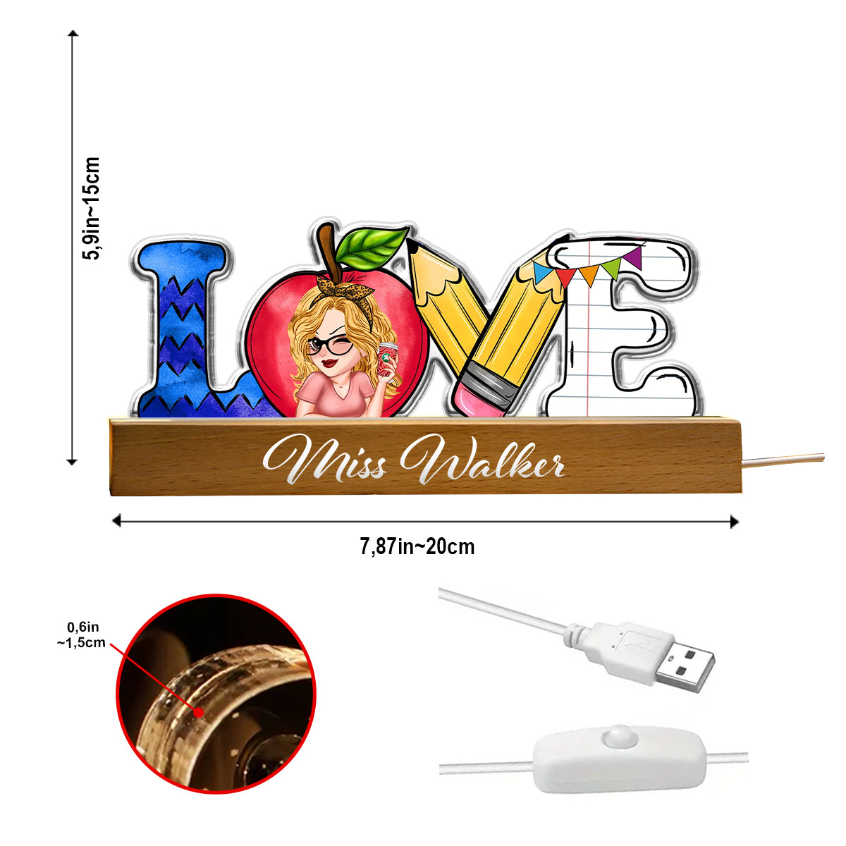 Veilleuse LED personnalisée en forme d'enseignant « J'aime enseigner la vie »