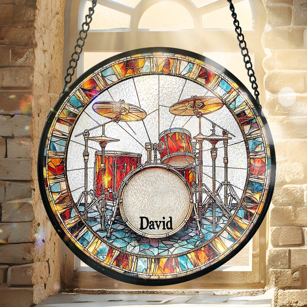 Love Drums - Attrape-soleil personnalisé en vitrail pour batteur