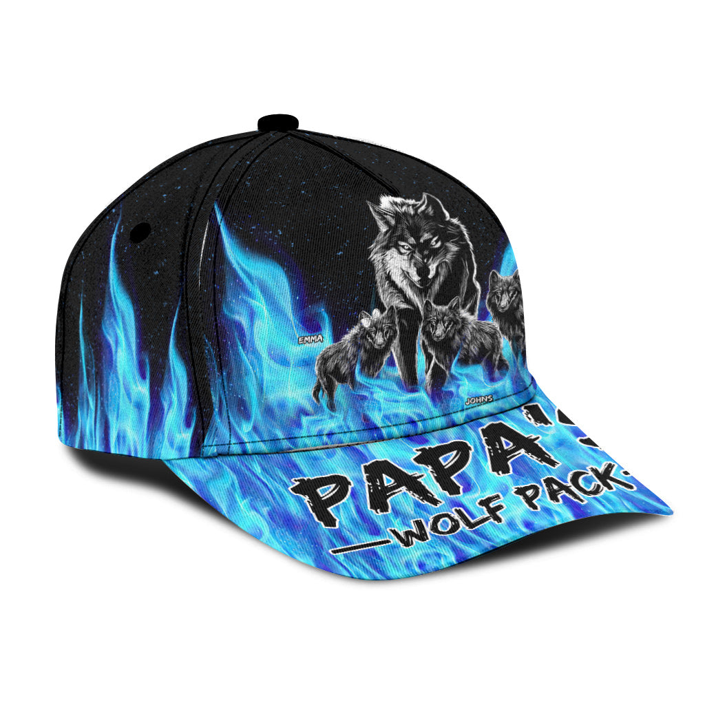 Casquette classique personnalisée « La meute de loups de grand-père et les flammes bleues »