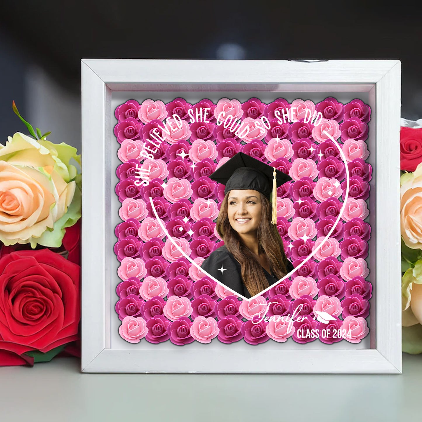 They Believed They Could So They Did - Personalized Graduation Custom Shaped Flower Shadow Box