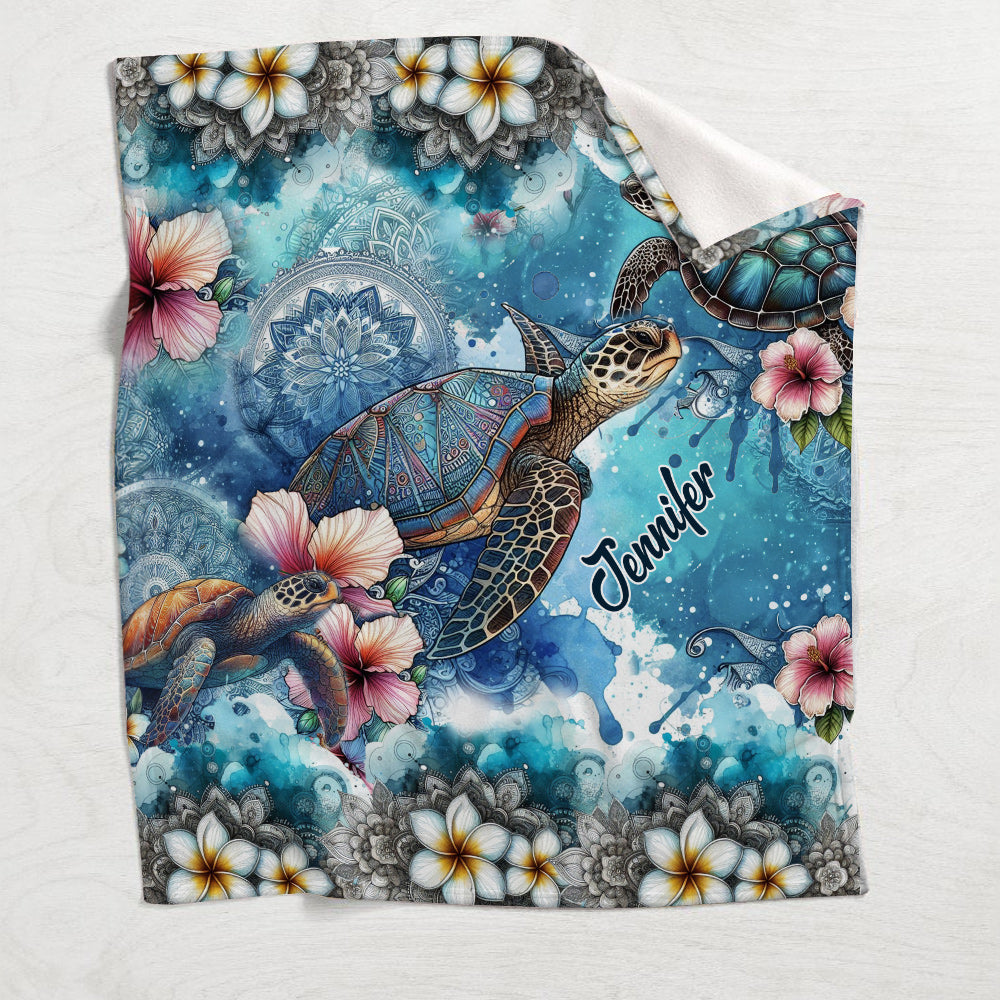 Couverture personnalisée Tortue marine Mandala Fleurs tropicales - Couverture Tortue