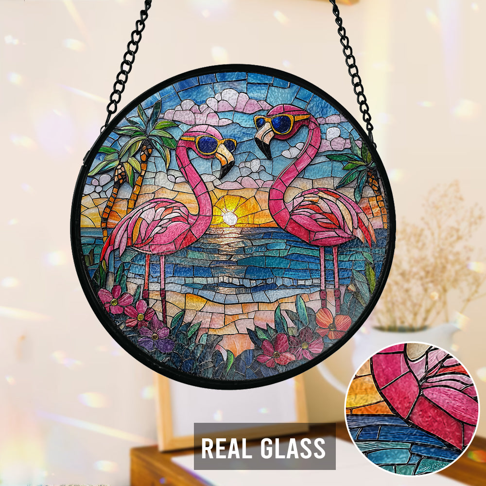 Beautiful Flamigoes - Personalized Flamingo Stained Glass Suncatcher