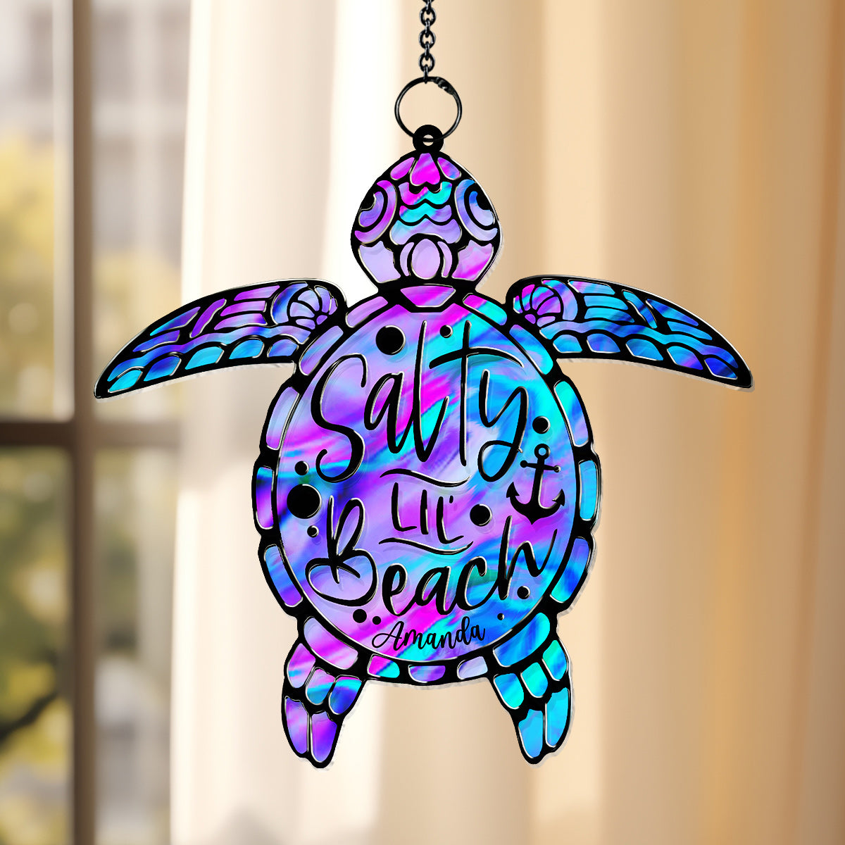 Salty Lil' Beach - Décoration attrape-soleil personnalisée en forme de tortue à suspendre à la fenêtre 