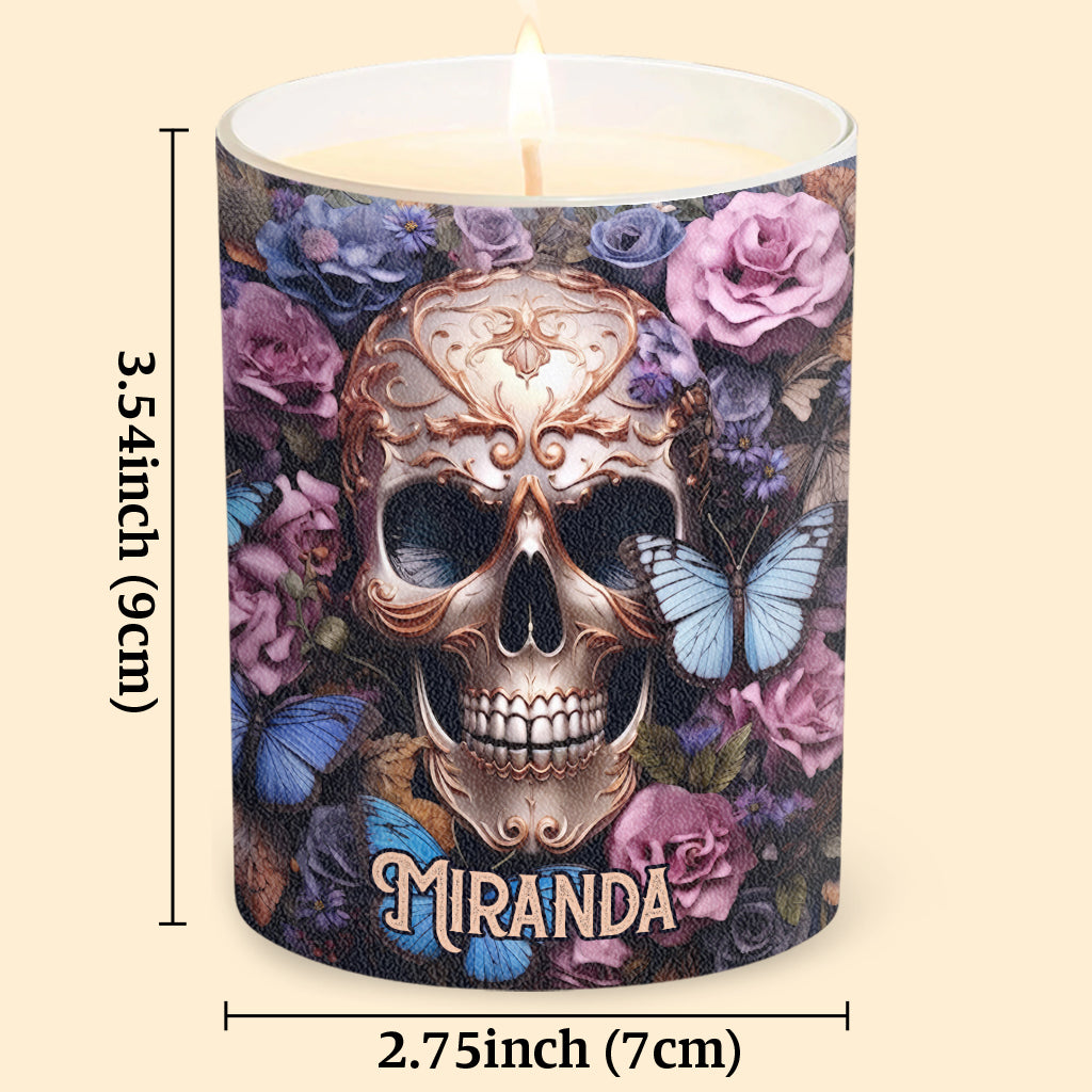 Beauté des ténèbres Crâne Roses Papillons - Bougie personnalisée en forme de crâne avec couvercle en bois