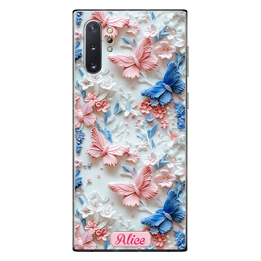 Coque de téléphone transparente personnalisée avec papillons roses et bleus