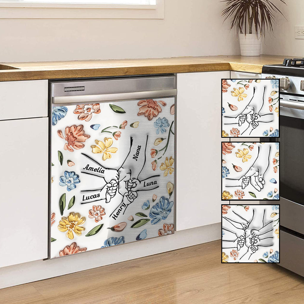 Housse de lave-vaisselle personnalisée « Mains gonflées à fleurs » pour grand-mère