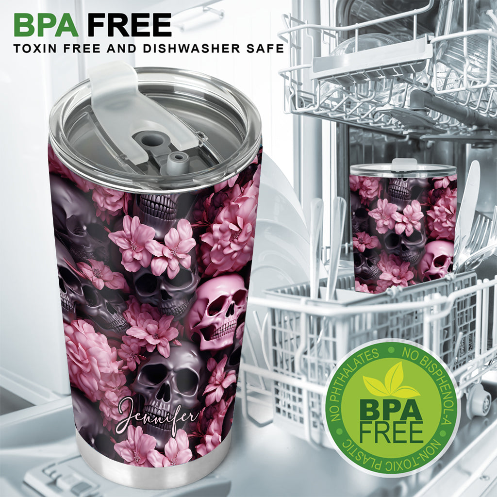 Pink Flowers Black Skulls - Personalized Skull Tumbler