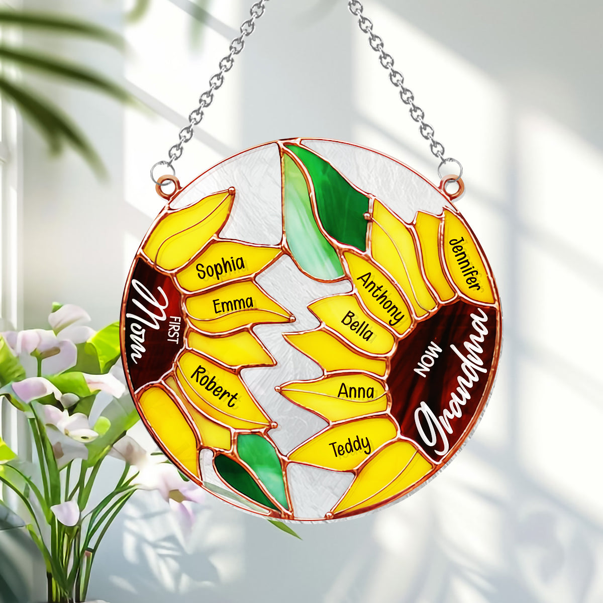 Première maman, maintenant grand-mère - Tournesol - Décoration attrape-soleil personnalisée à suspendre à la fenêtre « Grand-mère »
