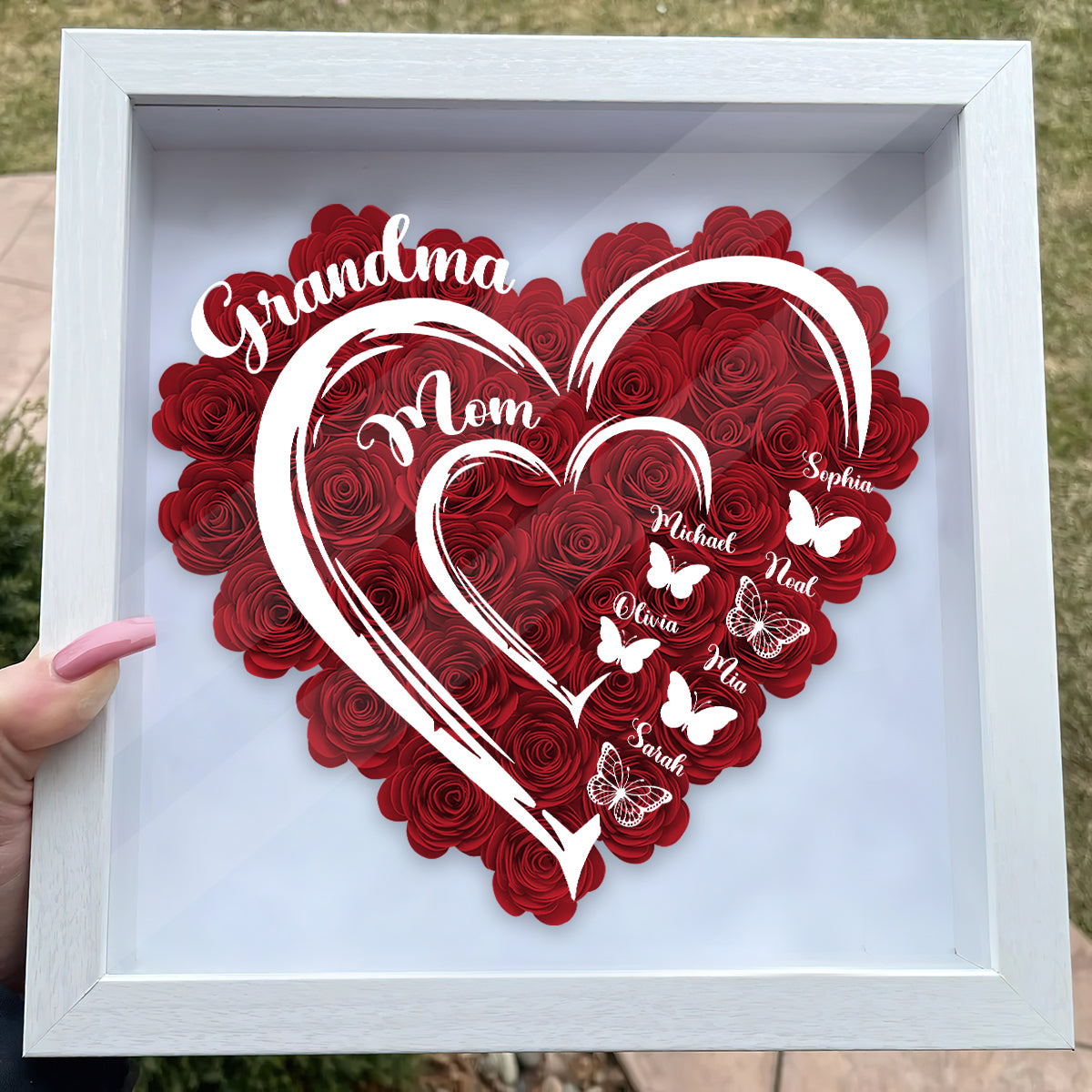J'aime Maman Grand-mère Version Papillon - Boîte à ombres florale personnalisée pour grand-mère