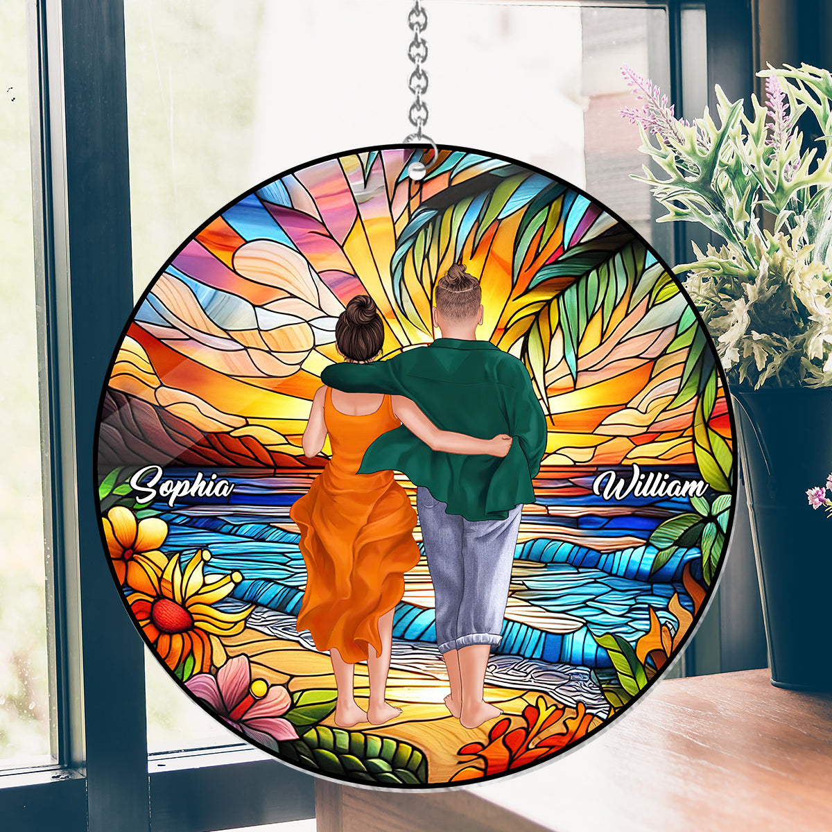 Coucher de soleil romantique - Ornement attrape-soleil personnalisé pour couple, à suspendre à la fenêtre, pour un couple. 