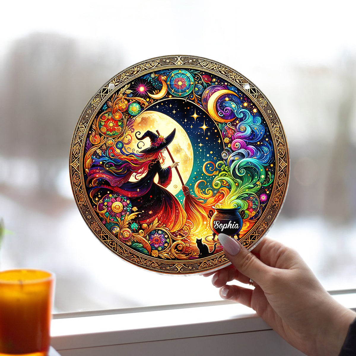 Belle Sorcière - Ornement Attrape-Soleil à suspendre à la fenêtre, personnalisé et orné d'une sorcière 