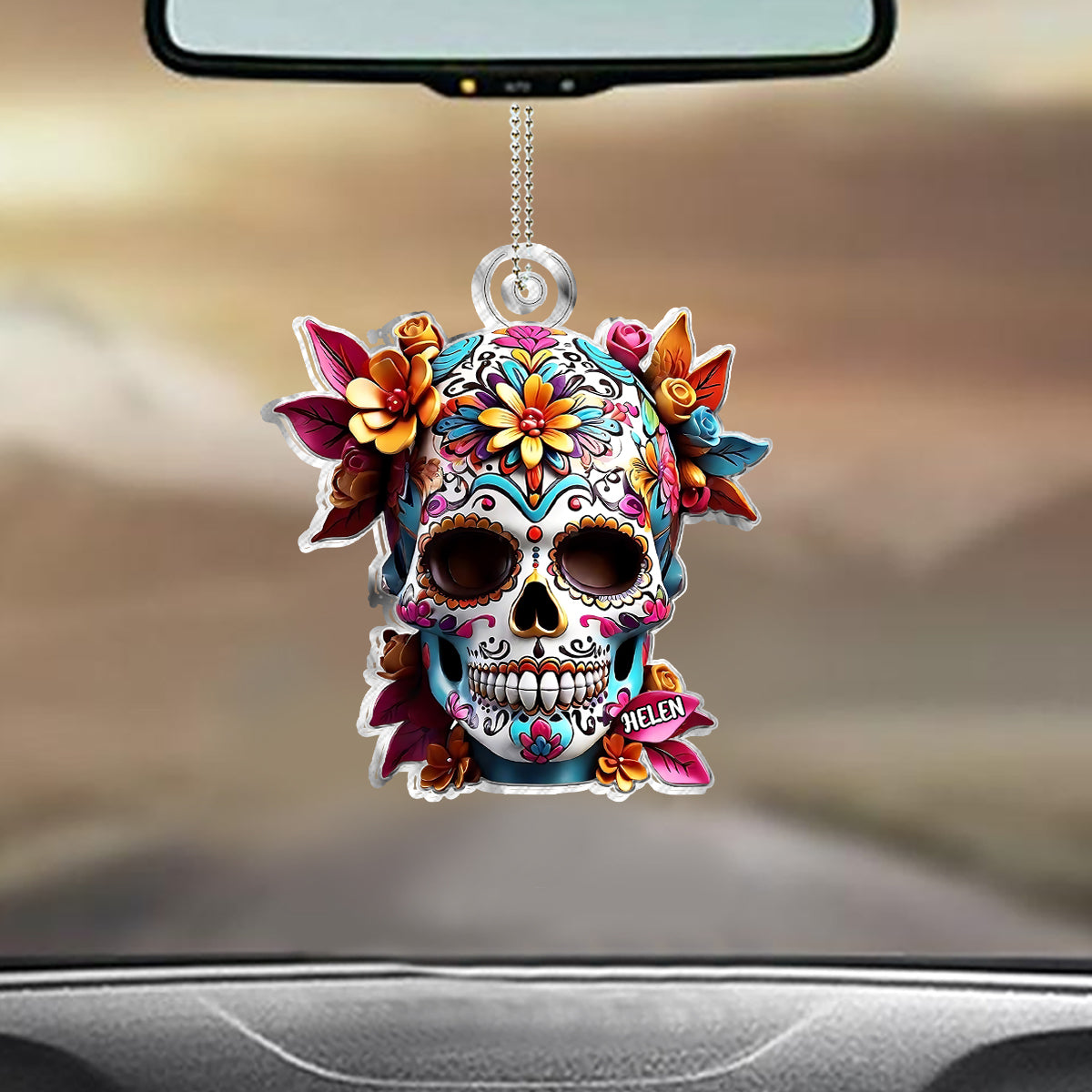 Crâne de sucre floral - Ornement de voiture personnalisé en forme de crâne.