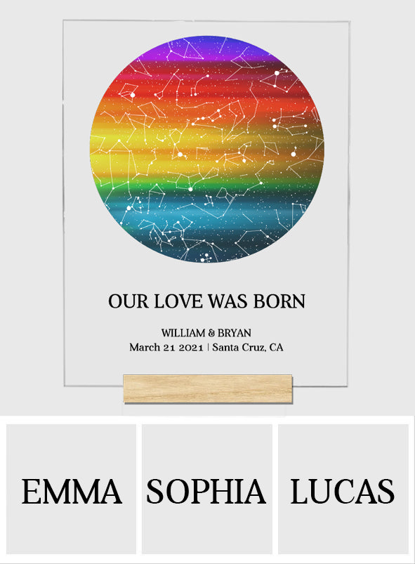 Notre amour est né - Plaque acrylique transparente personnalisée de soutien LGBT