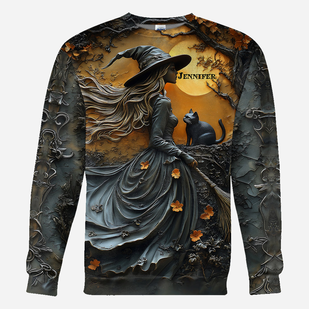 Belle sorcière et son chat noir - T-shirt personnalisé sorcière intégrale