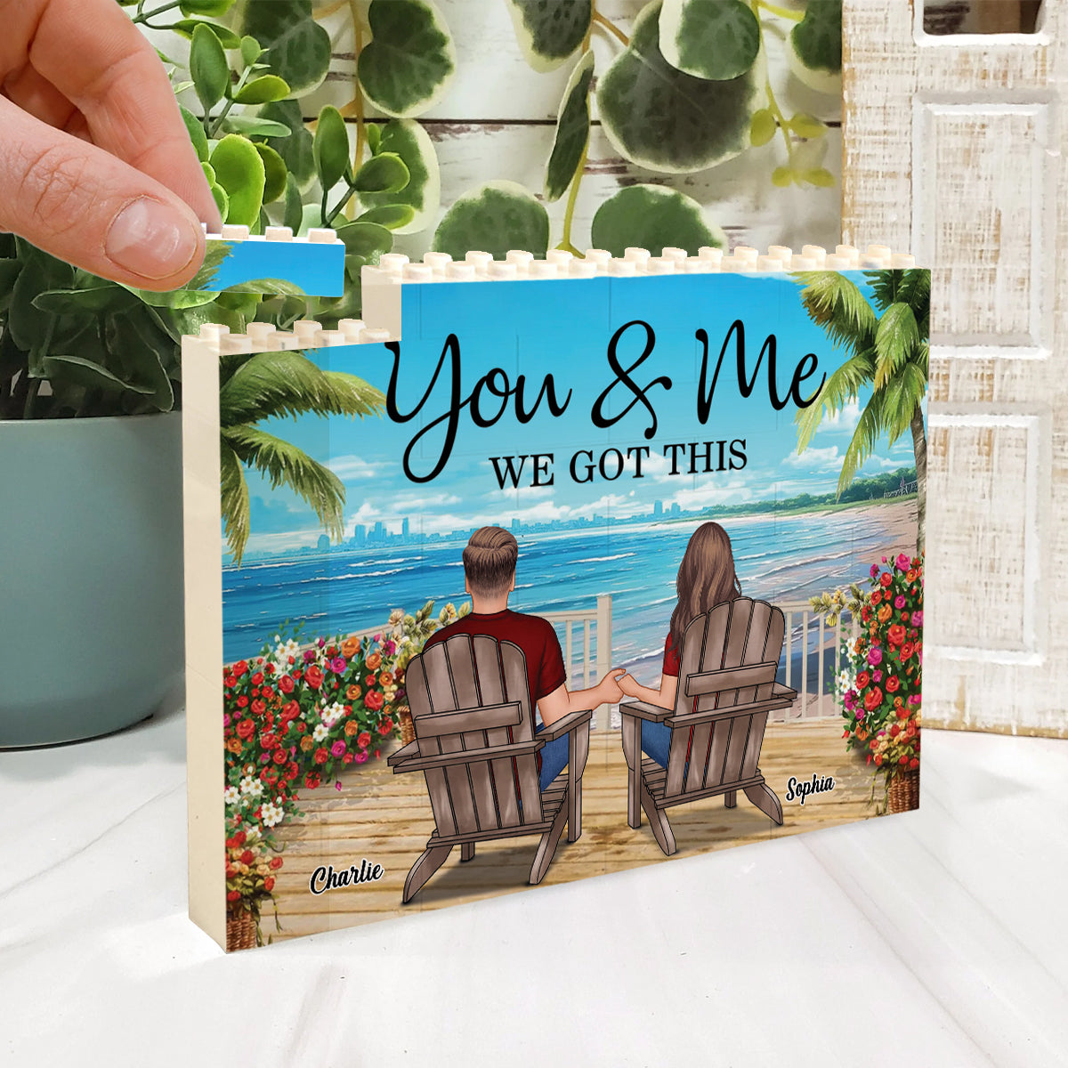 Paysage de plage pour couple, style rétro vintage - Blocs de construction rectangulaires horizontaux personnalisés pour couple (face unique)