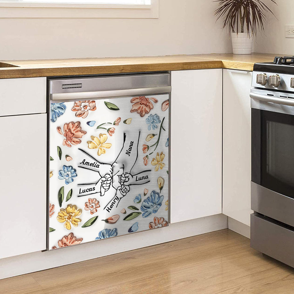 Housse de lave-vaisselle personnalisée « Mains gonflées à fleurs » pour grand-mère