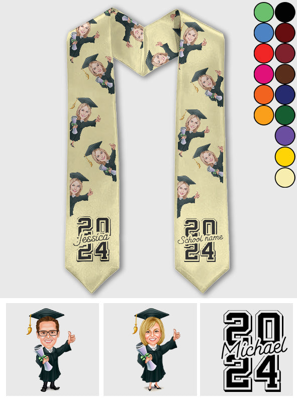 Écharpe de remise de diplôme personnalisée avec un personnage caricatural et amusant 