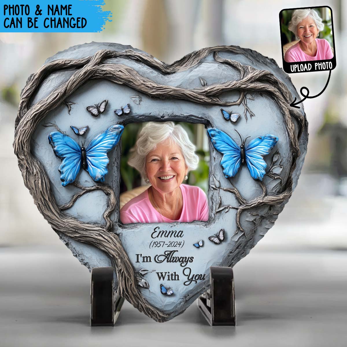 In Loving Memory Blue Butterfly - Personalized Memorial Heart Shaped Stone