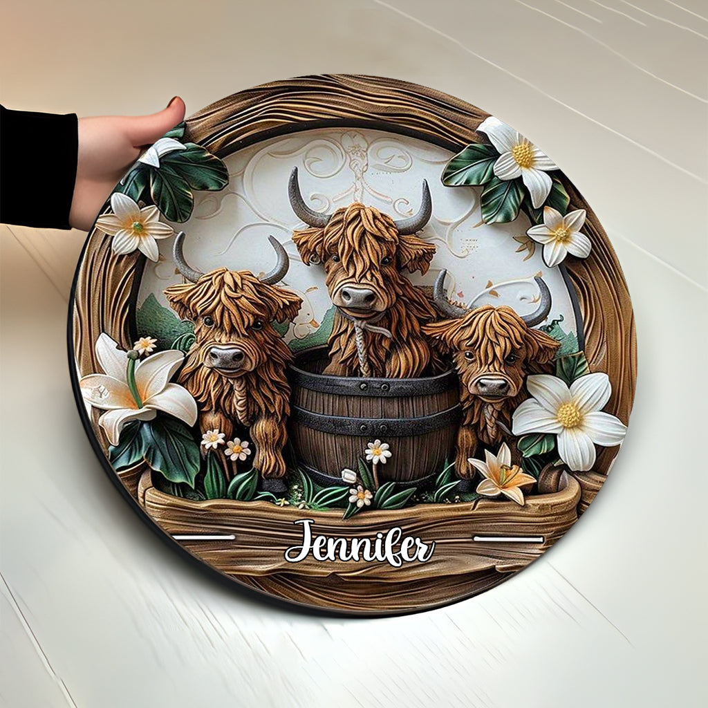 J'adore les vaches des Highlands - Panneau rond en bois personnalisé