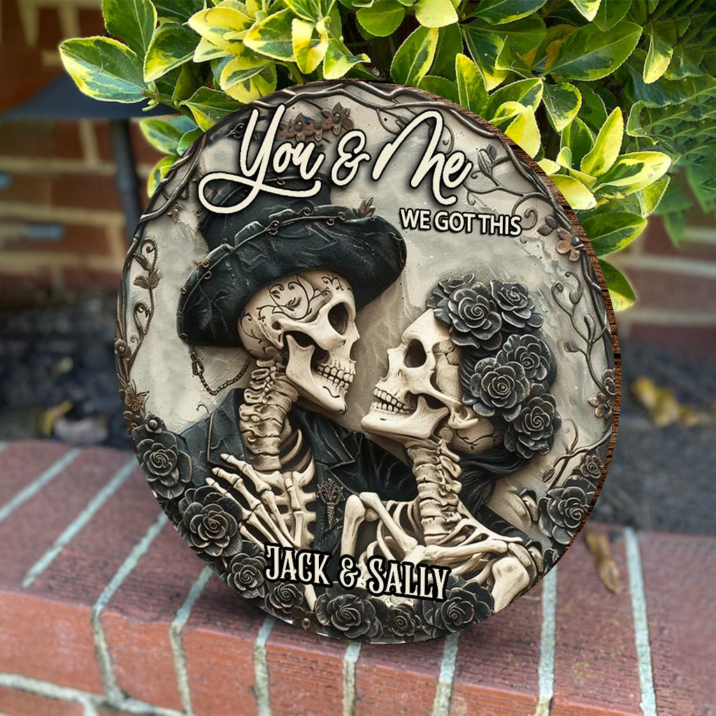 Toi et moi - Panneau rond en bois personnalisé en forme de crâne