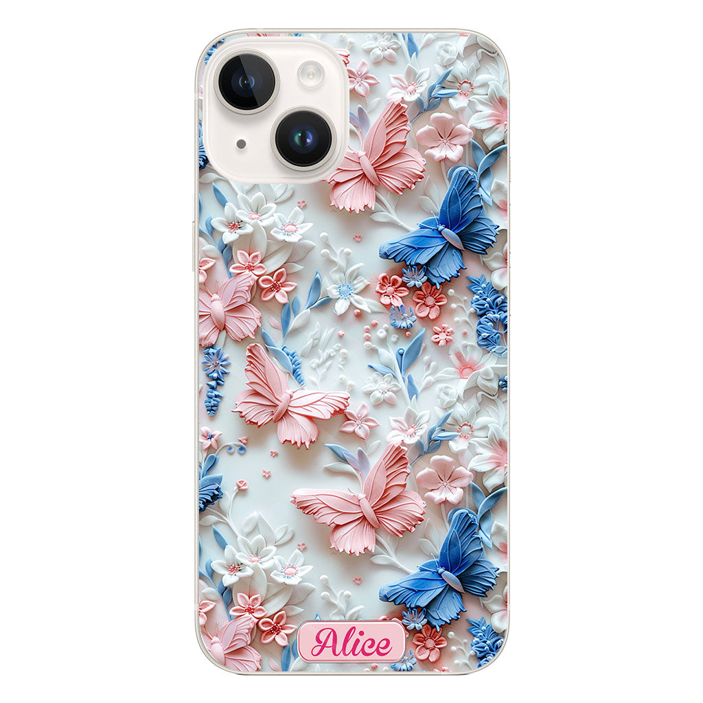 Coque de téléphone transparente personnalisée avec papillons roses et bleus